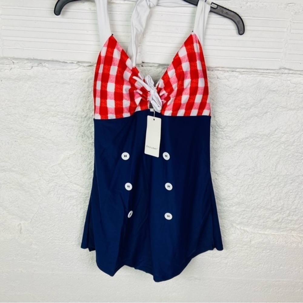 NWT EKOUAER red plaid navy button sailor dress style one piece swimsuit SZ XXXL